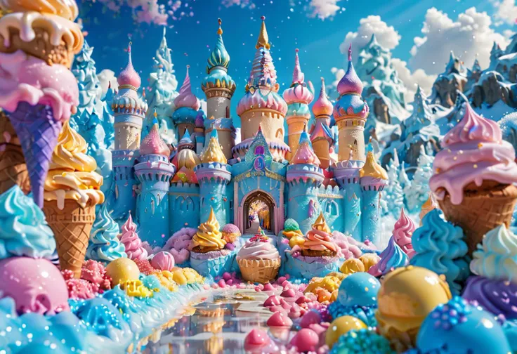 Fantasy castle, Landscape, ice cream, vivid colors, vibrant, 4k,  <lora:lora:0.8> cream