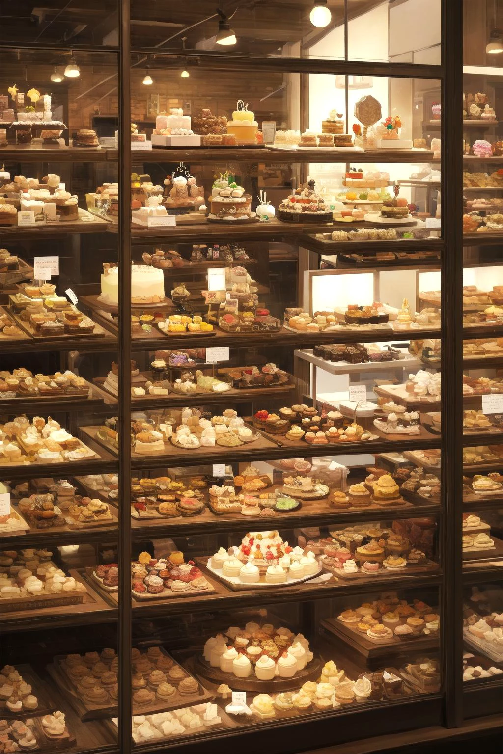 Very realistic photo, close-up of many kinds of sweets in the showcase of a cake shop, amazing artwork