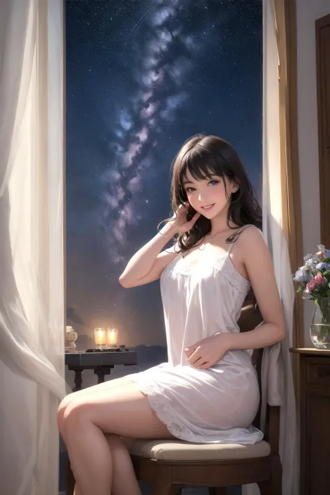 Very realistic photo, happy, beautiful woman looking at the starry sky in a sexy nightgown, amazing artwork