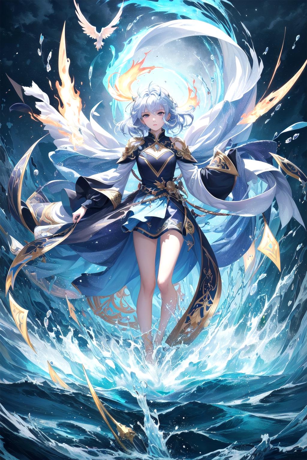 A woman in a blue dress and white hair is standing in the water - SeaArt AI