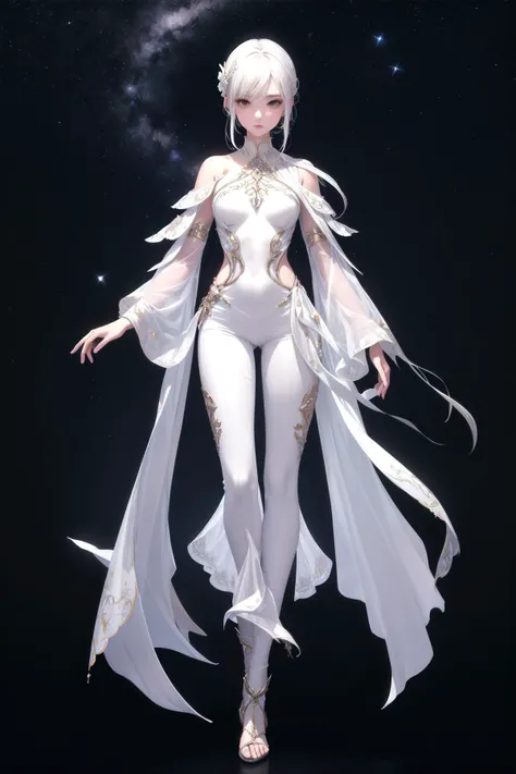 a beautiful void goddess, full body white transparent clothes standing under empty night stars, disappearing transparent pants, full body standing, tall figure, slender legs, facial details, detailed body part details, 8k wallpaper, great artwork,