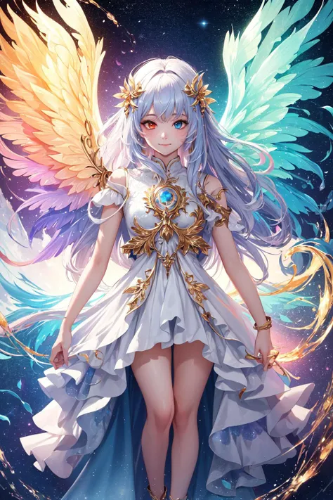 (masterpiece, top quality, best quality, official art, beautiful and aesthetic:1.2), (gradient light:1.5), (1girl), angel, (fractal art:1.3), (colorful wings:1.4), (heterochromia), very long hair, absurdly detailed clothes, in the sky, detailed cloud, sunny day, (colorful:1.2), highest detailed, cinematic light, (magical portal), holy light, (golden particles), (light beams), (happy, closed mouth:1.2), (style-swirlmagic:0.6)