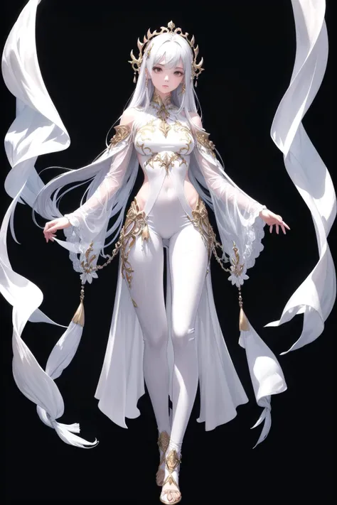 a beautiful void goddess, full body white transparent clothes standing under empty night stars, disappearing transparent pants, full body standing, tall figure, slender legs, facial details, detailed body part details, 8k wallpaper, great artwork