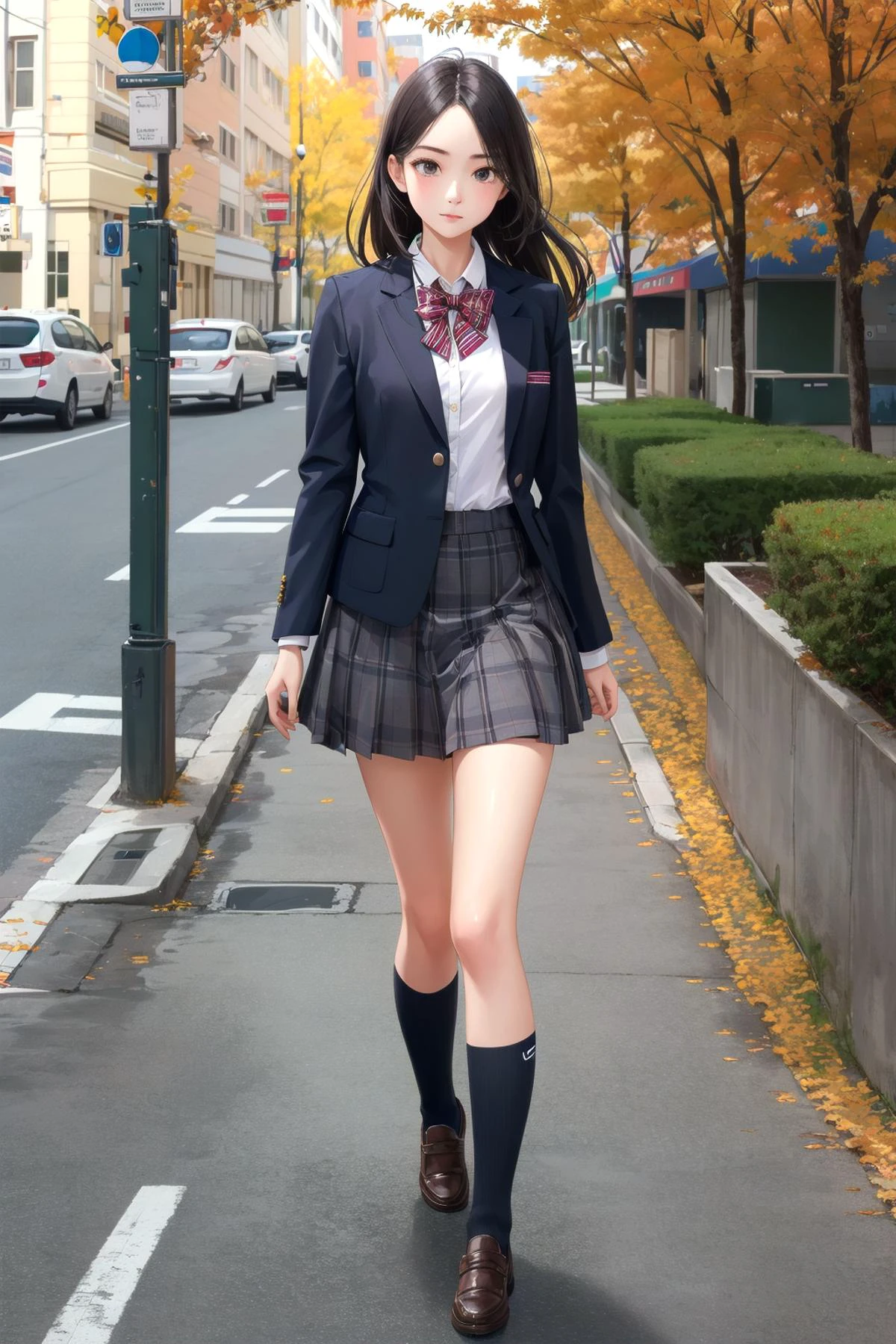 1 Girl, high school student, blazer uniform, autumn, walking, outdoor