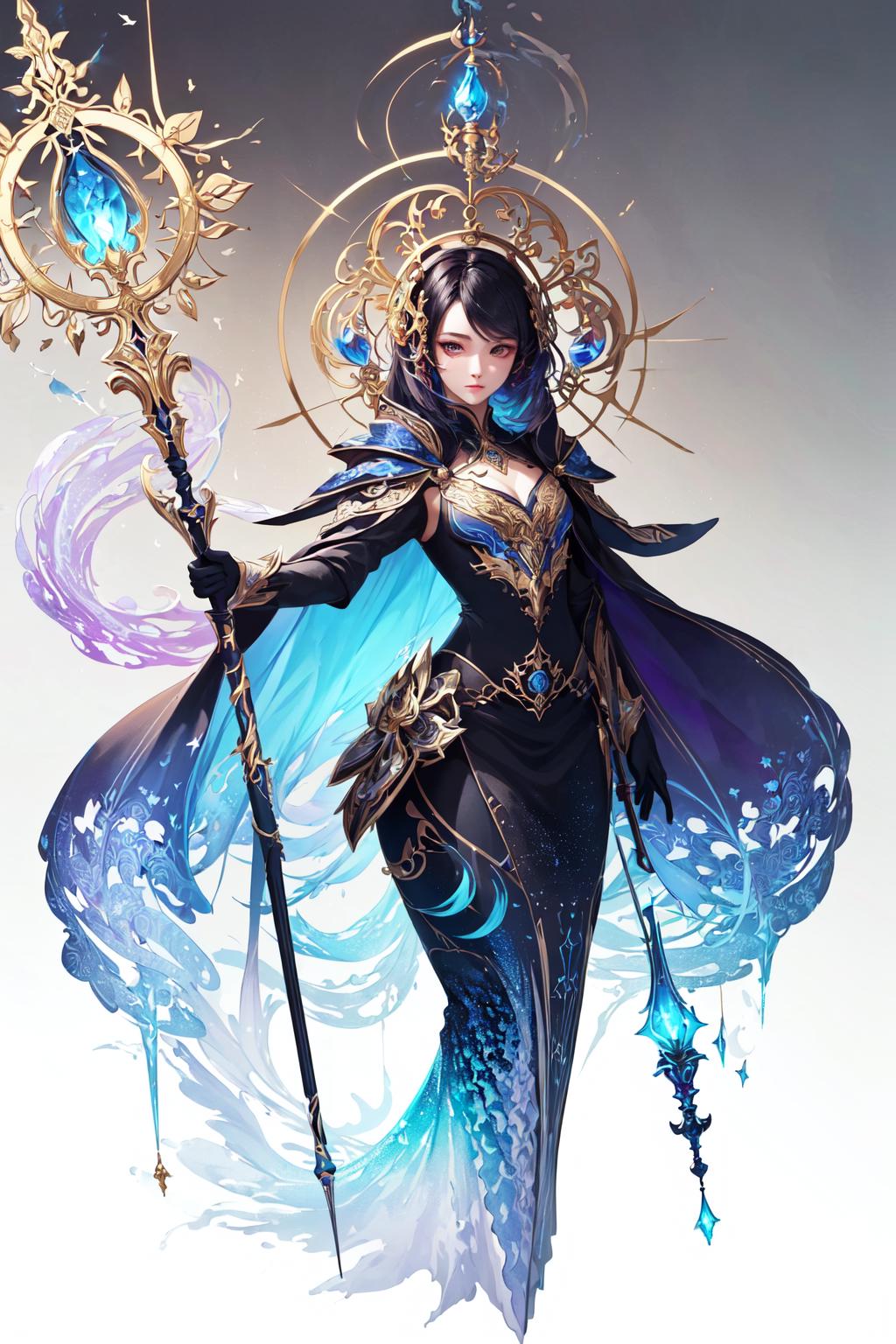 A woman in a blue dress holding a sword and a wand - SeaArt AI