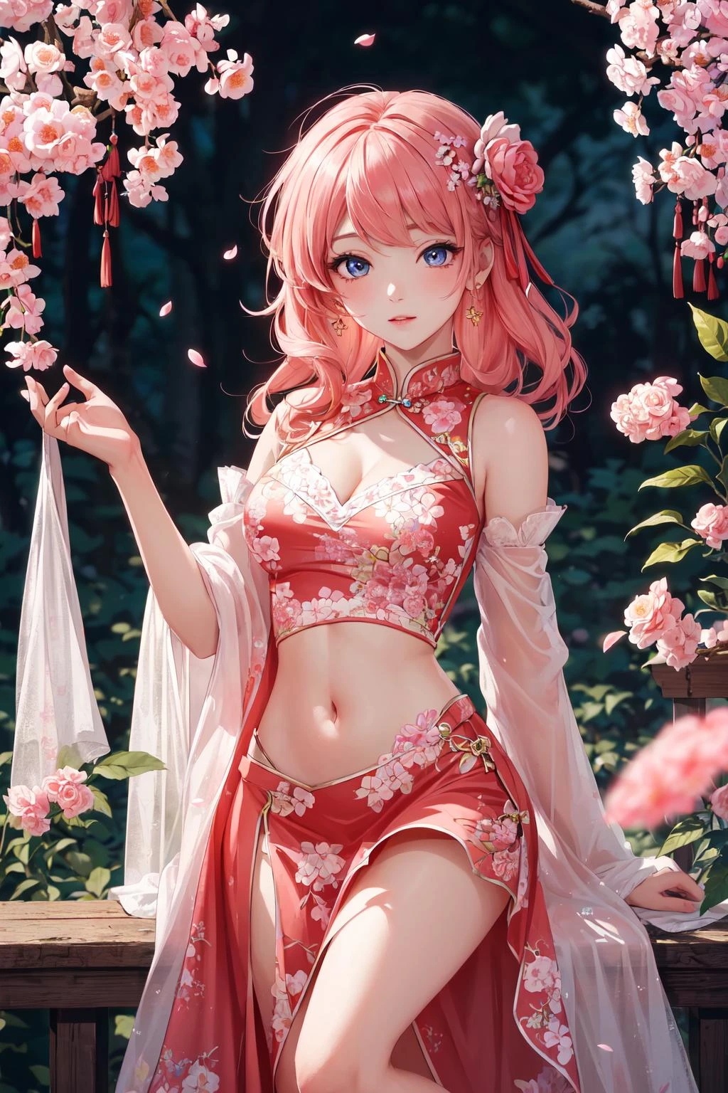 (masterpiece, top quality, best quality, official art, beautiful and aesthetic:1.2), peach blossom, peach tree garden, pink petals, girl, feminine, china dress, mini skirt, frills,navel, cowboy shot, hair ornaments, official art, dynamic fuzziness, intricate light, colorful, hdr, beautiful detailed hair, beautiful detailed eyes
