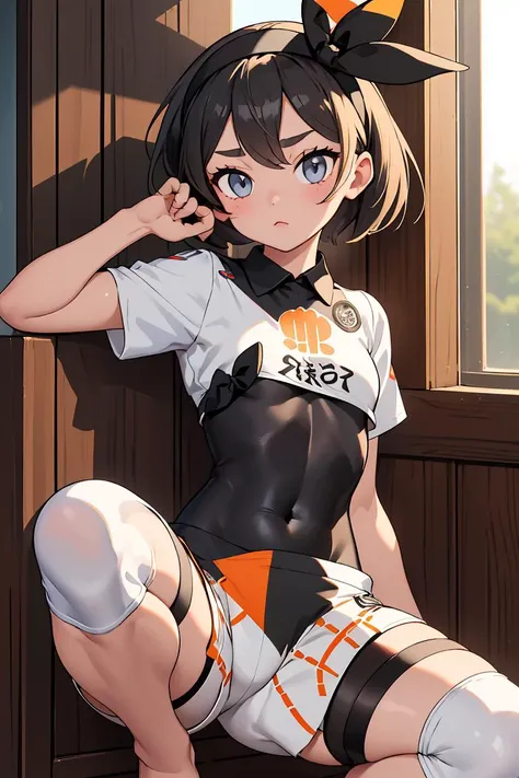 (masterpiece, best quality), 1girl,   <lora:bea_outfit:1> bea_outfit, bodysuit, black bodysuit, bodysuit under clothes, hairband, black hairband, bow hairband, shirt, knee pads, shorts, short shorts, short sleeves, white shirt