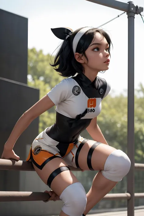 (masterpiece, best quality), 1girl,   <lora:bea_outfit:1> bea_outfit, bodysuit, black bodysuit, bodysuit under clothes, hairband, black hairband, bow hairband, shirt, knee pads, shorts, short shorts, short sleeves, white shirt