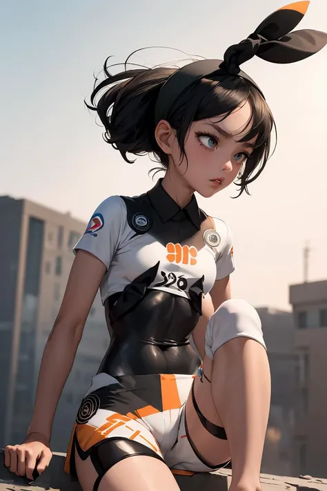 (masterpiece, best quality), 1girl,   <lora:bea_outfit:1> bea_outfit, bodysuit, black bodysuit, bodysuit under clothes, hairband, black hairband, bow hairband, shirt, knee pads, shorts, short shorts, short sleeves, white shirt