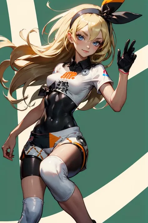 <lora:bea_outfit:1> bea_outfit, bodysuit, black bodysuit, bodysuit under clothes, hairband, black hairband, bow hairband, shirt, knee pads, shorts, short shorts, short sleeves, white shirt,, absurdres, ultra detailed, masterpiece, best quality, aesthetic, detailed,, solo, soft smile, light smile,
katya1, 1girl, blue eyes, very long hair, blonde hair, long blonde hair, french braid, bangs, medium breasts,