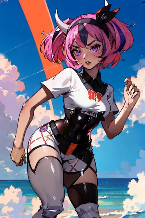 Girl, Short curly light purple hair, Freckles, Septal perforation, Medium breast, He wears a long-sleeved T-shirt and spandex shorts, Heterochromatic blue and brown eyes