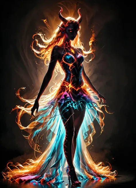 1woman,,Cosmic Fallen Angel,bright colors,Light particles,with light glowing tattoo,Mshiff,wallpaper art,UHD wallpaper,stars,galaxy,(silhouette:1.3),light streaks,abstract,nuclear blast,rainbow,dynamic pose,