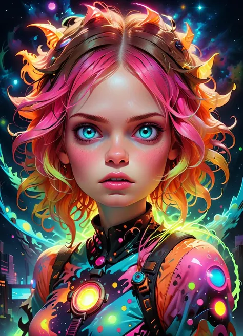 psychedelic style Ombre color scheme of neon orange, neon pink, neon blue, neon yellow, neon green, <lora:SDXL_Divine_RC:0.8> drc_style, Vibrant Rim Light, Volumetric Lighting, Anthropomorphic cute monster Luminous alien girl, (wearing crop top shirt:1.1), Details And Colors, The Universe Over Various Stars And Galaxies, Psychedelic, By Alexander Jansson Van Gogh. Pop Surrealism, 8k, Whimsical, Intricate. By Jean Baptiste Monge, Carne Griffiths, Ray Caesar, Dariusz Klimczak, surreal hallucinatory intricately detailed sharp focus<lora:xl_more_art-full_v1:0.3>
  . vibrant colors, swirling patterns, abstract forms, surreal, trippy