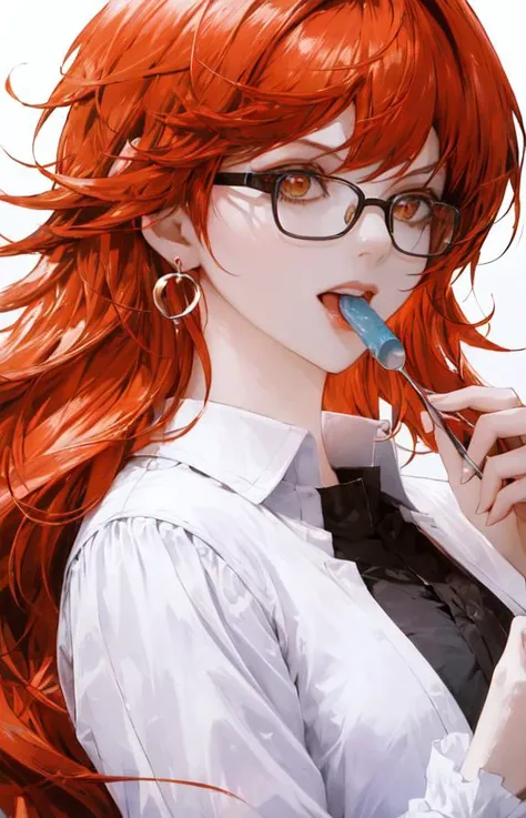 1girl, orange hair, glowing hair, earrings, eating, fruits, glasses, black background, hands, focus on face, upper body