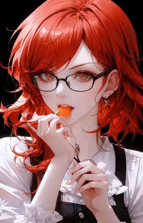 1girl, orange hair, glowing hair, earrings, eating, fruits, glasses, black background, hands, focus on face, upper body