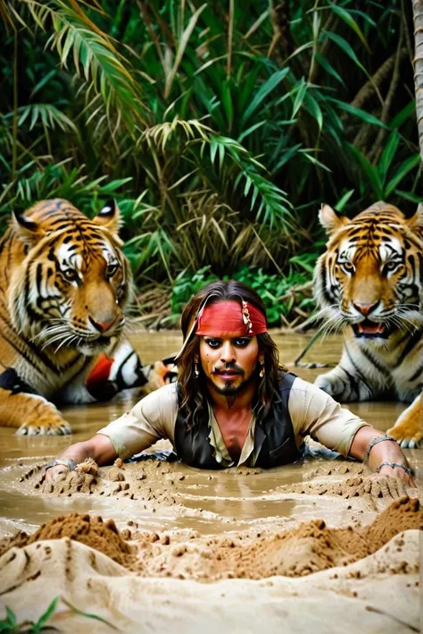 realistic photo of jack sparrow in quicksand wiith a tiger in the background, photorealistic