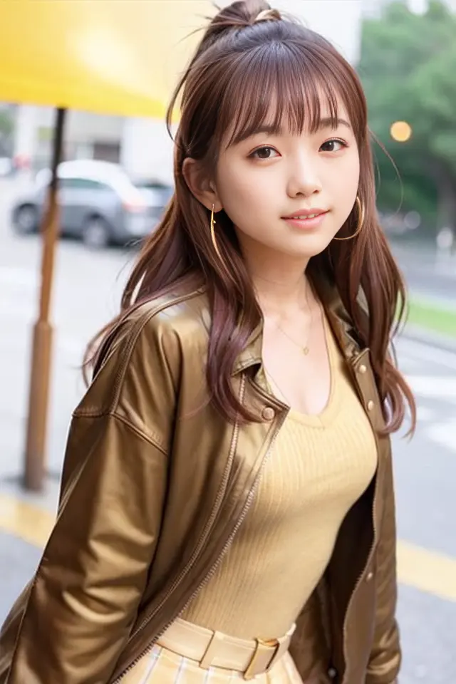 (skin blemish:1), (skindentation), black eye, 1girl, 23yo, (((woman))), solo, realistic, best quality, photorealistic, masterpiece, 8k, high res, solo, extremely detailed face, (professional lighting, bokeh), (light particles, lens flare, glowing particles:0.6), (dynamic pose:1.2), soft lighting, top angle view, fashionable and trendy atmosphere, japan, gundam, yokomohama, city, concert, ((daytime)), ((looking at the viewer)), (looking at the camera),(portrait:0.6), cowboy shot, close up, gorgeous, standing, keep original facial proportion, full body, (small breast), (medium hair), (brown hair with gold highlight:1.5), floating hair, lips, lipstick, seductive smile, teeth, floating hair, smile, casual wear, (oversize jacket), blouse, (sweater), skirt, ear ring, <lora:IkutaL:0.85>