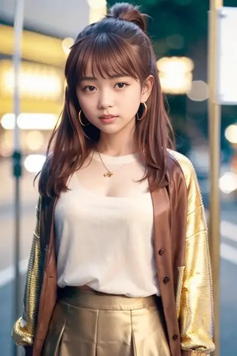 (skin blemish:1), (skindentation), black eye, 1girl, 23yo, (((woman))), solo, realistic, best quality, photorealistic, masterpiece, 8k, high res, solo, extremely detailed face, (professional lighting, bokeh), (light particles, lens flare, glowing particles:0.6), (dynamic pose:1.2), soft lighting, top angle view, fashionable and trendy atmosphere, japan, gundam, keyakizaka, city, concert, ((daytime)), ((looking at the viewer)), (looking at the camera),(portrait:0.6), cowboy shot, close up, gorgeous, standing, keep original facial proportion, full body, (small breast), (medium hair), (brown hair with gold highlight:1.5), floating hair, lips, lipstick, seductive smile, teeth, floating hair, smile, casual wear, (yellow oversize jacket), white blouse, (sweater), skirt, ear ring, <lora:IkutaL:0.9>
