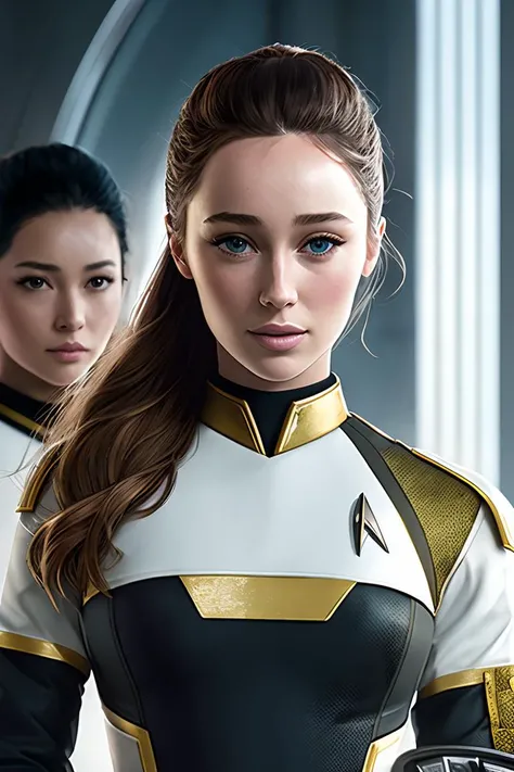 photo of (4lyd3bc4r:0.99), a woman as a star trek officer, modelshoot style, (extremely detailed CG unity 8k wallpaper), large breasts, photo of the most beautiful artwork in the world, professional majestic oil painting by Ed Blinkey, Atey Ghailan, Studio Ghibli, by Jeremy Mann, Greg Manchess, Antonio Moro, trending on ArtStation, trending on CGSociety, Intricate, High Detail, Sharp focus, dramatic, photorealistic painting art by midjourney and greg rutkowski, (sexy white star trek uniform:1.1), (trousers), ((spaceship interior)), (crew members in background), (looking at viewer), (detailed pupils:1.3), (closeup), (grin512)