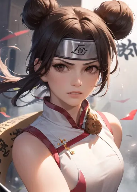 4k, 8k, best quality, ultra high res, (photorealistic:1.4),(masterpiece:1.2), best quality, masterpiece, highres, original, extremely detailed wallpaper, (ultra-detailed), (best illustration), (best shadow), (realism), realistic, solo, 1girl, <lora:naruto_tenten:0.8>, tenten, double bun, cute, forehead protector, headband, chinese clothes, white china dress, sleeveless, (holding plantain fan:1.3), fighting stance, kung fu, (scroll:1.3), (calligraphy:1.2),(kunai:1.2),Shuriken, hanging scroll, (angry:0.8), looking at viewer, wind blowing, wind, village,