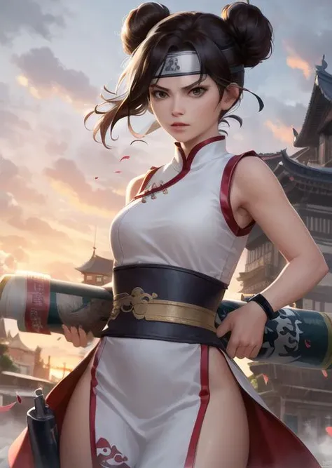 4k, 8k, best quality, ultra high res, (photorealistic:1.4),(masterpiece:1.2), best quality, masterpiece, highres, original, extremely detailed wallpaper, (ultra-detailed), (best illustration), (best shadow), (realism), realistic, solo, 1girl, <lora:naruto_tenten:0.8>, tenten, double bun, cute, forehead protector, headband, chinese clothes, white china dress, sleeveless, holding weapon, fighting stance, kung fu, (scroll:1.3), (calligraphy:1.2), hanging scroll, (angry:0.8), looking at viewer, wind blowing, wind, village,