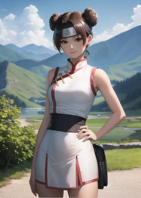 4k, 8k, best quality, ultra high res, (photorealistic:1.4),(masterpiece:1.2), best quality, masterpiece, highres, original, extremely detailed wallpaper, (ultra-detailed), (best illustration), (best shadow), (realism), realistic, solo, 1girl, <lora:naruto_tenten:0.8>, tenten, double bun, cute, forehead protector, headband, chinese clothes, white china dress, sleeveless, smile, hands on hips, looking at viewer, wind blowing, village, mountain,