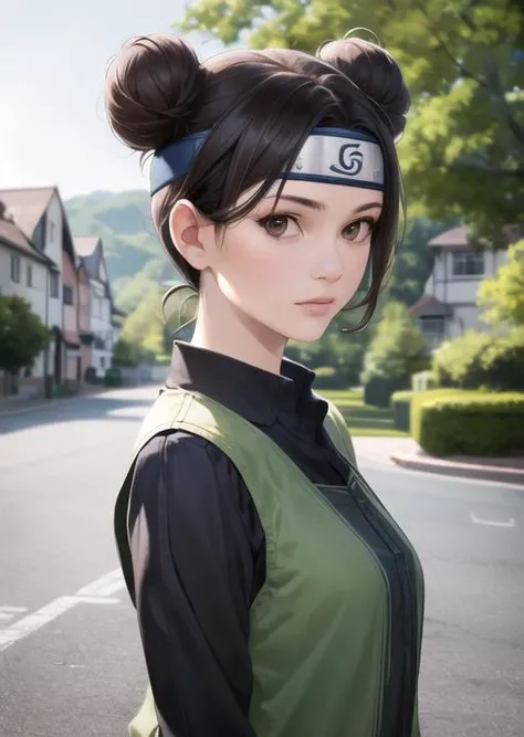 4k, 8k, best quality, ultra high res, (photorealistic:1.4),(masterpiece:1.2), best quality, masterpiece, highres, original, extremely detailed wallpaper, (ultra-detailed), (best illustration), (best shadow), (realism), realistic, solo, 1girl, <lora:naruto_tenten:0.8>, tenten, double bun, cute, forehead protector, headband, 
(black shirt), long sleeves,  green body armor, looking at viewer, wind blowing, wind, village,