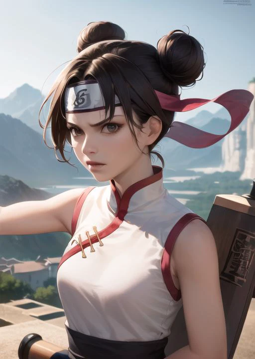 4k, 8k, best quality, ultra high res, (photorealistic:1.4),(masterpiece:1.2), best quality, masterpiece, highres, original, extremely detailed wallpaper, (ultra-detailed), (best illustration), (best shadow), (realism), realistic, solo, 1girl, <lora:naruto_tenten:0.8>, tenten, double bun, cute, forehead protector, headband, chinese clothes, white china dress, sleeveless, fighting stance, kung fu, (scroll:1.3), (calligraphy:1.2), angry, looking at viewer, wind blowing, village, mountain,