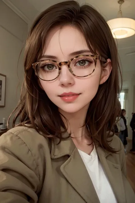 looking at viewer, (portrait, closeup:1.2), photoshoot, parted lips, slight smile,
liaroux,1girl, lips, long brunette hair, hazel eyes, jewelry, makeup, coat, red lips, glasses,
realistic, picturesque, indoors,  Seattle, bustling, 
<lora:liara_roux_v2:0.8>