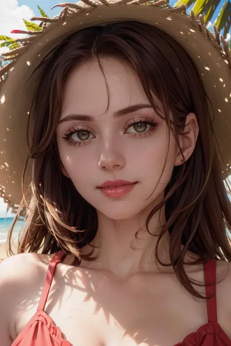 looking at viewer, (portrait, closeup:1.2), photoshoot, parted lips, slight smile,
liaroux,1girl, lips, long brunette hair, hazel eyes, jewelry, makeup, red lips, sundress, straw-hat,
realistic, picturesque, outdoors, tropics, hot day, backlit,
<lora:liara_roux_v2:0.8>