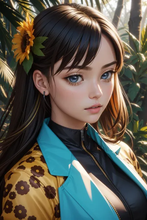 1girl, studio Physically based render, Zulu jungle and flowers, Iridescent and cheetah print details, high angle shot of a Polygional Grand flyweight High-Tech (Male Photographer:1.3) , his hair is [Sparkling:Violent:14] and styled as Comb-over, forest and Foliage background, Foggy conditions, soft focus, Cel shading, Lustful, Anime, Direct light, Zoom lens, Electic Colors,  concept art, Paint splotches, detailed face, photo-realistic face, extremely hyper aesthetic, photolab, immense