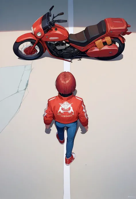 score_9, score_8_up, score_7_up, source_anime, akiraposter, from above, from behind, solo, 1girl, walking, jacket, pants, shoes, ground vehicle, motorcycle <lora:concept_akiraposter_ponyXL:1>