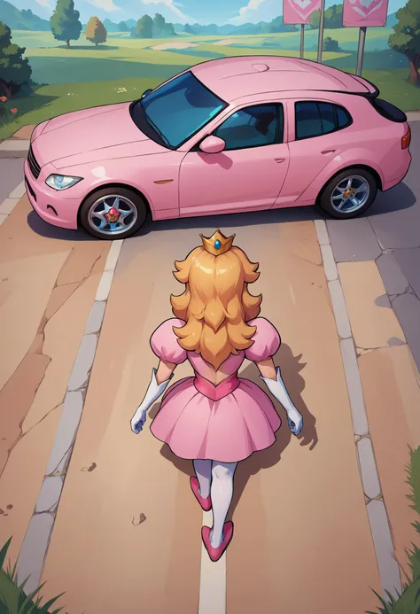 score_9, score_8_up, score_7_up, score_6_up,score_5_up,score_4_up, BREAK akiraposter,princess peach,from above, from behind, walking, ground vehicle,pink car <lora:concept_akiraposter_ponyXL:1>