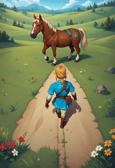 <lora:handsomize_x_pdxl_v1:1.2> score_9, score_8_up, score_7_up BREAK handsomize, link, the legend of zelda, green hat, topless male, muscular, horse horseback riding, pony, outdoors, sparkle