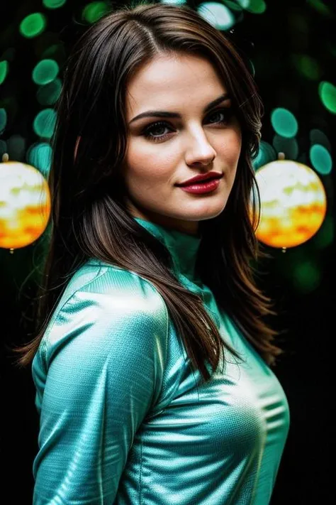 photo of beautiful (L1lyC4rt3r-135:0.99), a woman, perfect hair, smiling, (modern photo), wearing long sleeve jumpsuit, portrait, 85mm, (analog, cinematic, film grain:1.3), (Bioengineered Forest, Genetically modified forest with glowing flora, exotic wildlife, and illuminating orbs.), detailed eyes, professional pose, painted lips, (epiCPhoto), (looking at viewer:1.1), (cinematic shot:1.3), (natural lighting, lit from above), <lora:add_detail:0.5>