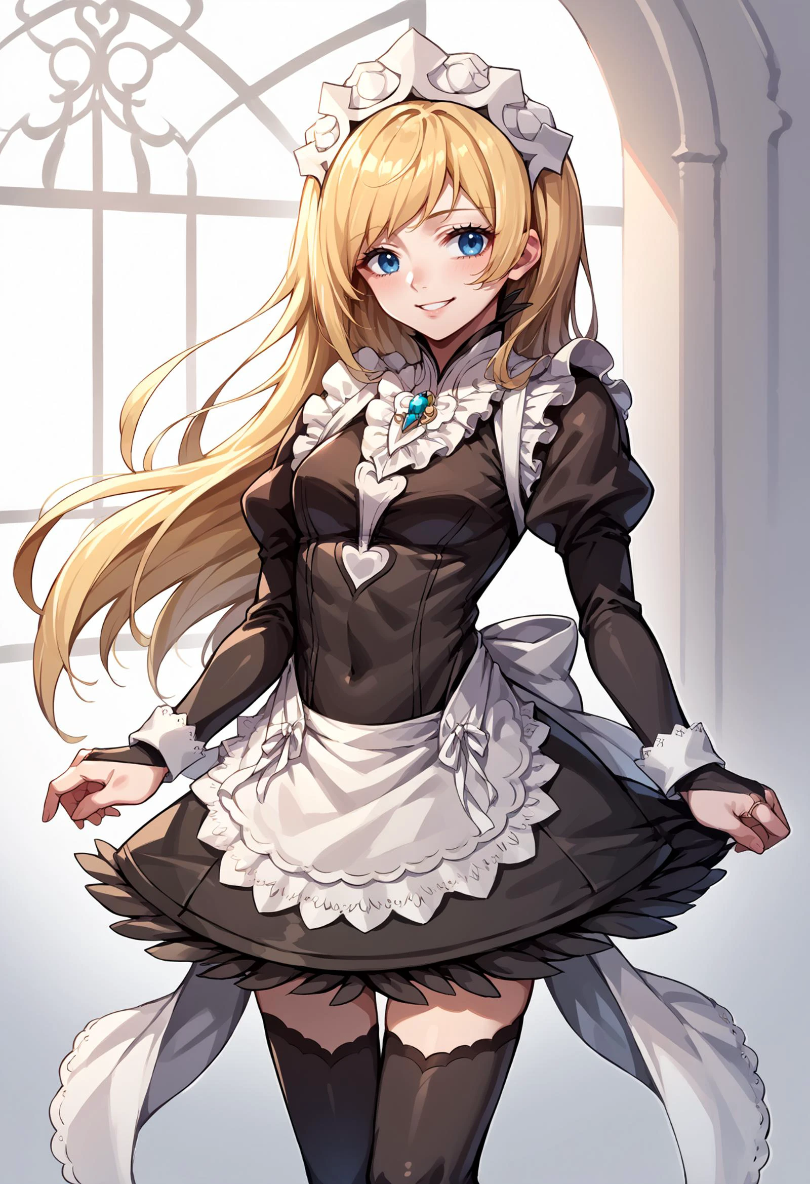 score_9, score_7_up, source_anime, highly detailed, BREAK <lora:Namine:1> namine, 1girl, blue eyes, blonde hair, long hair, smile, white room, <lora:fatesmaid-fe-richy-v1_pdxl:0.8> fates maid, maid headdress, maid apron, bridal gauntlets, black thighhighs,