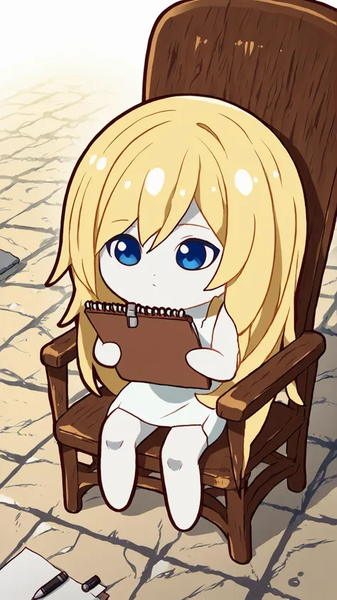 <lora:Namine:0.8> namine, 1girl, solo, blonde hair, blue eyes, long hair, <lora:KurukurumagicalsChibiMix_XLPD:0.8> chibi, white skin, cute, stone floor, holding sketchbook, pen, chair,, score 9, score 8 up, score 7 up, score 6 up, score 5 up, score 4 up,