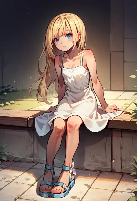score_9, score_7_up, source_anime, highly detailed, BREAK <lora:Namine:1> namine, 1girl, blue eyes, blonde hair, long hair, white dress, sleeveless dress, spaghetti strap, sandals, <lora:muk_pony_v2:1>