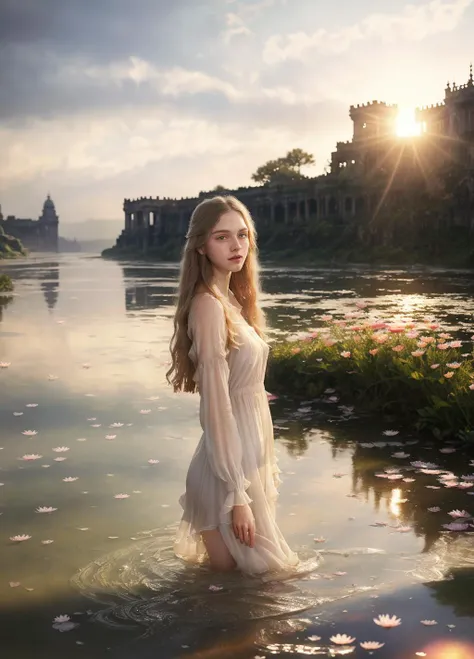 ZM_alexis, 1girl, (masterpiece:1.2), best quality, multicolored, masterpiece, best quality,((an extremely delicate and beautiful)), floating, (detailed wet clothes), (detailed light), feather, nature, (sunlight), river, floating palace, beautiful and delicate water, (bloom), (shine), colorful, panorama, landscape, Colorful portraits, dynamic lighting