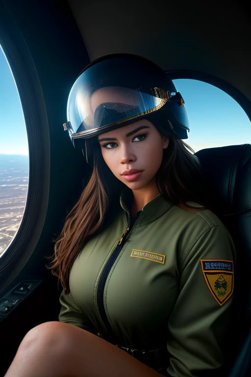 SFW portrait of wonderful women Highest quality, (dramatic lighting:0.7), masterpiece, high angle shot, RAW photo of (izzycka woman wearing a military pilot helmet, IHADSS, looking up at the viewer), cute, (wearing combat fatigues, skin tight), (sitting in the pilot seat of US attack helicopter), portrait, perfect face, alluring eyes, vivid detail, (highly detailed skin), freckles, sfw, (blue tint:0.6), (dirty:0.8), (bloody:0.7), key lighting, (backlighting:0.5), medium depth of field, photographed on a Leica SL (Typ 601) Mirrorless Digital Camera, 50mm lens, F/4 aperture, (hyperdetailed, intricate details), sharp focus, muted colors, 8k, absurdres, 8mm film grain, war photography, ((masterpiece, best quality)), best quality, (high detailed skin:1.2),8k
