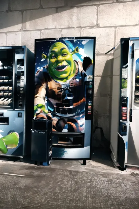 Highly detailed, High Quality, Masterpiece, beautiful, VendingMaschine, vending machine, <lora:VendingMaschine:1>, shrex, green skin, ogre, shrek, <lora:Char_Sigmas_Shrek:0.9>