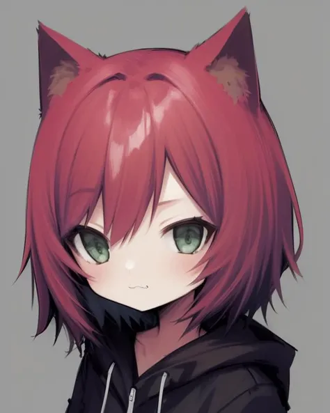 <lora:SakuraVRC:0.6> masterpiece, best quality, SakuraVRC, 1girl, solo, short hair, red hair, green eyes, chibi, animal ear fluff <lora:Neoki_Ohae:1> ;3, catmouth, smug, <lora:3_v10:0.6> simple background, white background, grey background,