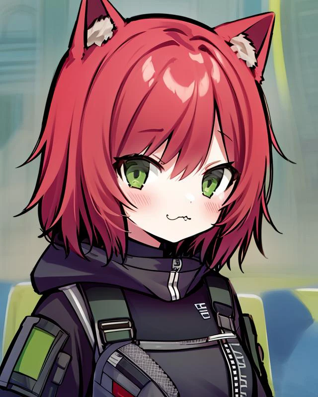 <lora:SakuraVRC:0.6> masterpiece, best quality, SakuraVRC, 1girl, solo, short hair, red hair, green eyes, chibi, animal ear fluff <lora:Neoki_Ohae:1>  ;3, catmouth, smug,  techwear,  <lora:strlxsslora:1>