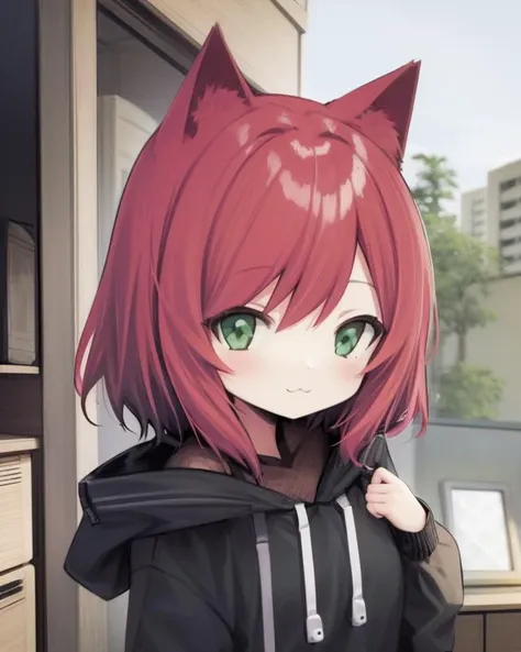 <lora:SakuraVRC:0.6> masterpiece, best quality, SakuraVRC, 1girl, solo, short hair, red hair, green eyes, chibi, animal ear fluff <lora:Neoki_Ohae:1> ;3, catmouth, <lora:3_v10:0.8>
