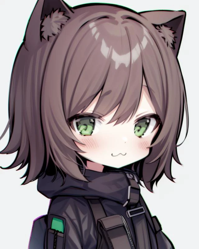 <lora:SakuraVRC:0.6> masterpiece, best quality, SakuraVRC, 1girl, solo, short hair, red hair, green eyes, chibi, animal ear fluff <lora:Neoki_Ohae:1> ;3, catmouth, smug, <lora:3_v10:0.6> techwear, <lora:strlxsslora:0.8> simple background, white background, grey background,