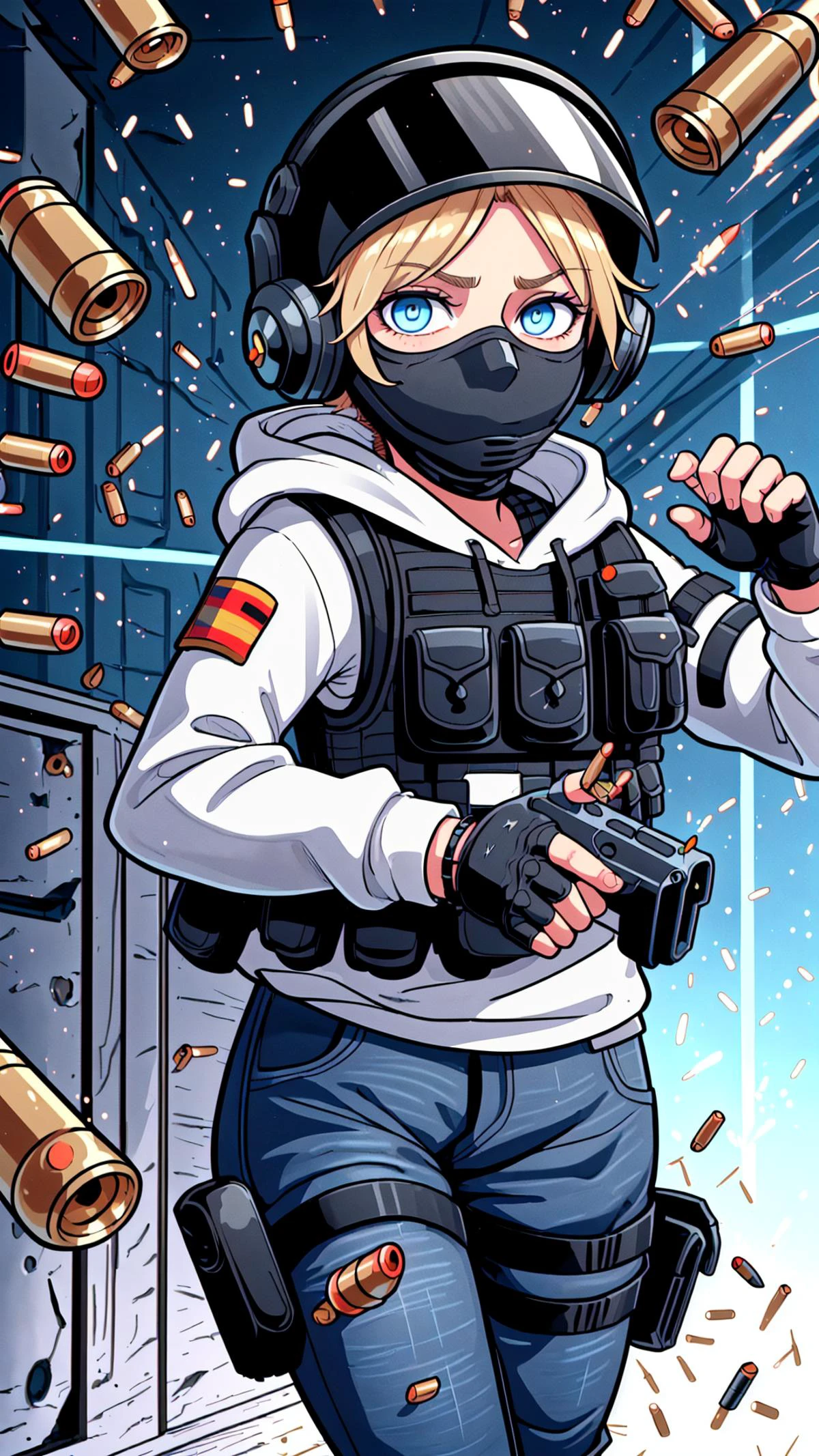 <lora:iqr6-guy-v2:0.8> iqr6, (black mask:1.25), 1girl, blonde hair, short hair, blue eyes, helmet, face shield, vest, relaxing, bulletproof vest, gloves, hoodie, long sleeves, jeans, holster, headphones, fingerless gloves, bracelet, german flag, germany, BREAK, <lora:avoidGun:0.5> (((firing,bullet,gun,light particles))),