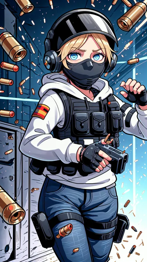 <lora:iqr6-guy-v2:0.8> iqr6, (black mask:1.25), 1girl, blonde hair, short hair, blue eyes, helmet, face shield, vest, relaxing, bulletproof vest, gloves, hoodie, long sleeves, jeans, holster, headphones, fingerless gloves, bracelet, german flag, germany, BREAK,  <lora:avoidGun:0.5> (((firing,bullet,gun,light particles))),