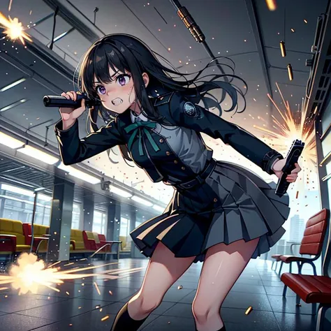 masterpiece,best quality,highly detailed,1girl,solo,clenched teeth,sweat,sweatdrop,struggling,speed lines,motion lines,motion blur,
<lora:takina_inoue_v1:0.75>,takina inoue,purple eyes,black hair,long hair,lycoris uniform,green ribbon,long sleeves,two-tone dress,pleated dress,collared shirt,kneehighs,
BREAK
<lora:avoidGun:0.4>,(((firing,bullet,gun,light particles))),debris,broken glass,outdoors,train station,train,