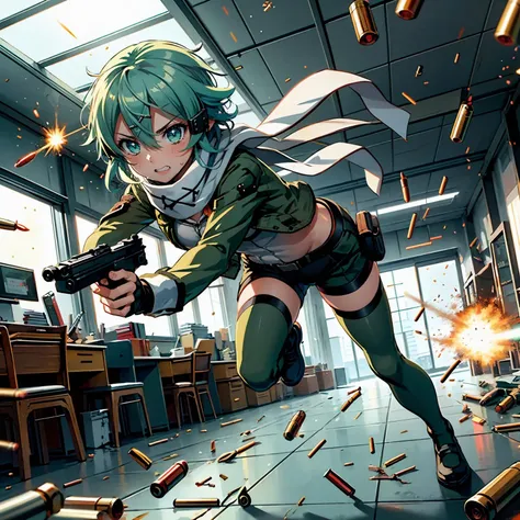 masterpiece,best quality,highly detailed,1girl,solo,clenched teeth,sweat,sweatdrop,struggling,speed lines,motion lines,motion blur,
<lora:sinon_v5:0.75>,sinon1,scarf,fingerless gloves,long sleeves,short shorts,hair ornament,hairclip,green thighhighs,green jacket,thigh strap,
BREAK
<lora:avoidGun:0.4>,(((firing,bullet,gun,light particles))),explosion,indoors, broken glass, debris, paper, office chair, office desk, smoke,running,handgun,holding gun,