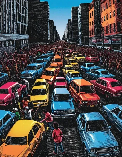 Scratchboard illustration, In this vividly saturated scene reminiscent of a William Eggleston photograph, a chaotic traffic jam unfolds on a sun-drenched urban street. Cars of various colors and makes, their paintwork glistening under the intense light, are bumper to bumper, horns blaring in a cacophony of frustration. Drivers, exasperated by the gridlock, engage in heated arguments, gesticulating wildly from the confines of their vehicles.
In the midst of this pandemonium, an ice cream truckâits vibrant colors and playful jingle a stark contrast to the surrounding tensionâmakes its way through the congestion, dispensing icy treats to onlookers, including a group of dancing construction workers in hard hats, their tools momentarily forgotten as they revel in the unexpected entertainment.
The traffic cop at the center of this maelstrom, his uniform a sea of red and blue amidst the chaos, looks overwhelmed but resolute as he attempts to direct the unruly flow of vehicles, his whistle ineffectual against the din. The scene is one of disarray, yet there's an undeniable energy and life that permeates this chaotic tableau.